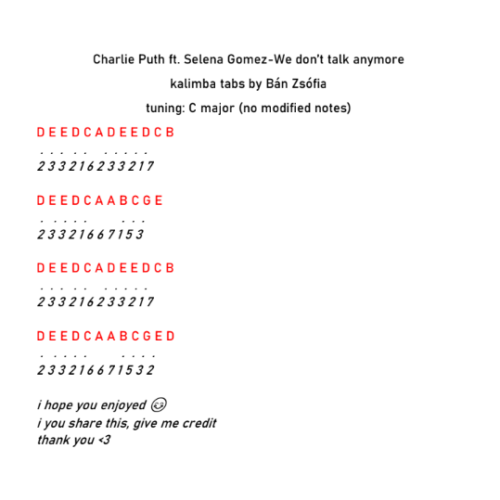 Charlie Puth ft. Selena Gomez- We don't talk anymore Easy Kalimba Tabs kalimbaeasytabs KalimbaEasy kalimba short cover kalimba cover kalimba jungkook jimin cover jimin easy kalimba tabs 2020 tabswedonttalk-500x500 Charlie Puth ft. Selena Gomez- We don't talk anymore