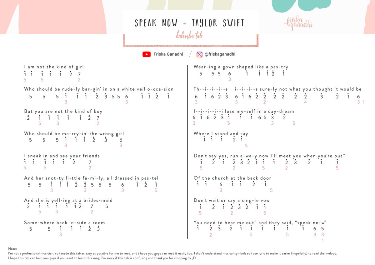 Speak Now Taylor Swift Kalimba Tabs Letter Number Notes Tutorial Kalimbatabs Net