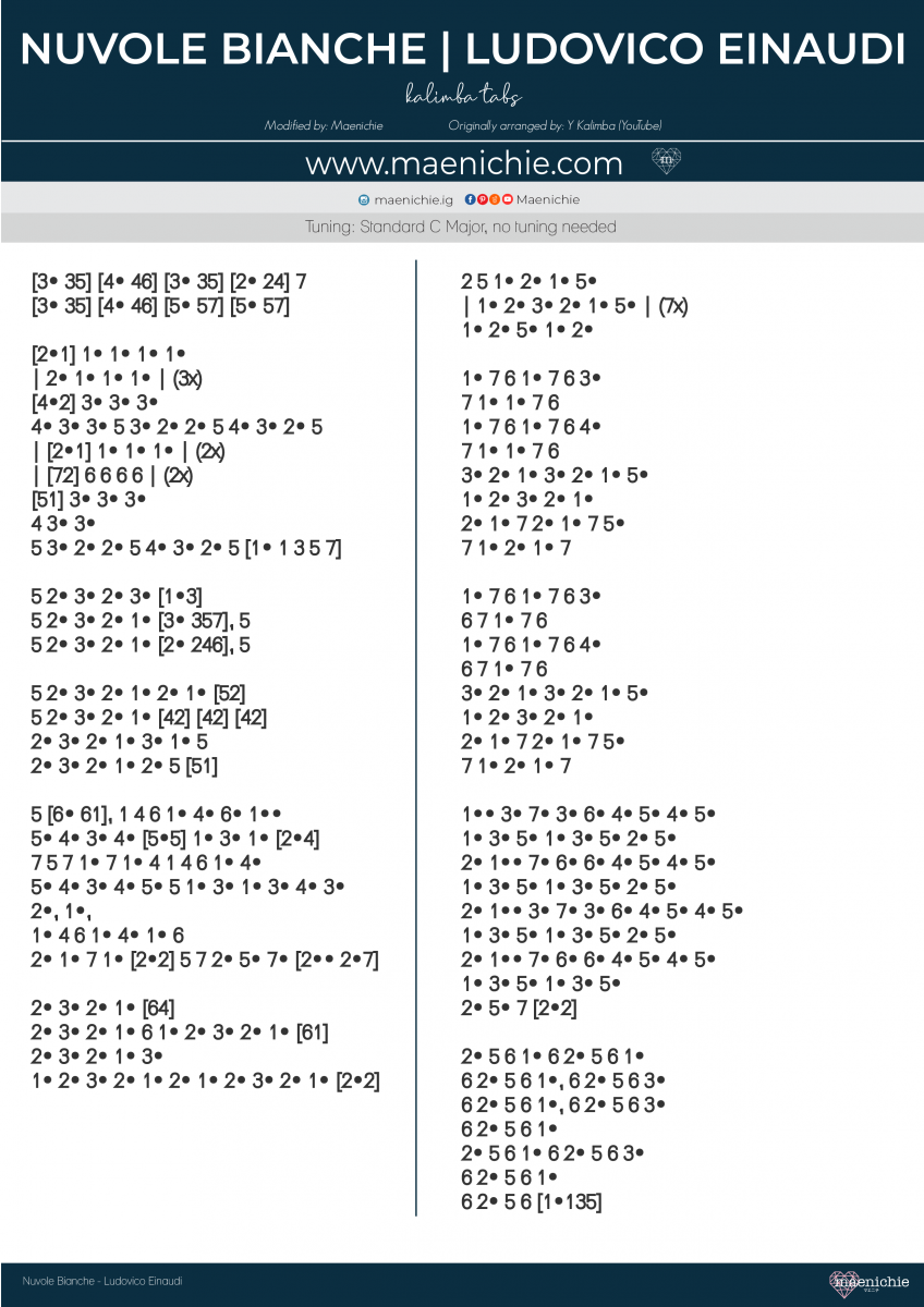 Nuvole Bianche Ludovico Einaudi Kalimba Tabs Letter Number Notes Tutorial Kalimbatabs Net