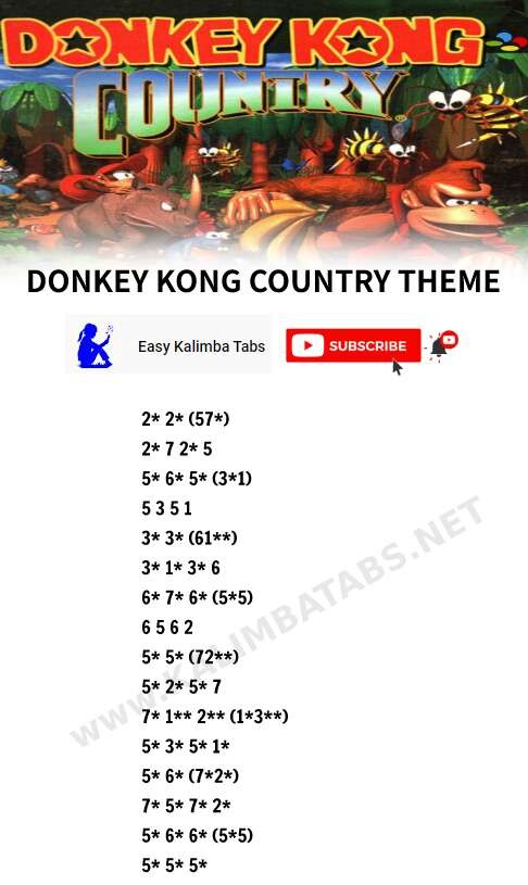 🐒 Donkey Kong Country Theme Easy Kalimba Tabs video games tutorial notes Kalimba tabs Donkey Kong donkey-kong-tab 🐒 Donkey Kong Country Theme