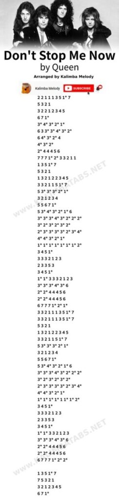 Don't Stop Me Now - Queen Kalimba Tabs Letter & Number Notes Tutorial - KalimbaTabs.net