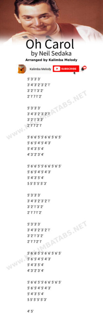 Oh Carol - Neil Sedaka Easy Kalimba Tabs valentines oldies Neil Sedaka kalimba tutorial Kalimba tabs easy beginner oh-carol-tab-332x1024 Oh Carol - Neil Sedaka