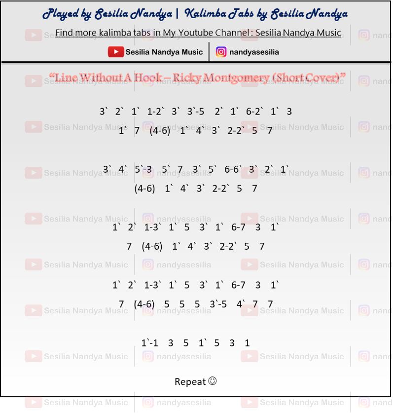 Line Without A Hook Ricky Montgomery Kalimba Tabs Letter & Number Notes Tutorial