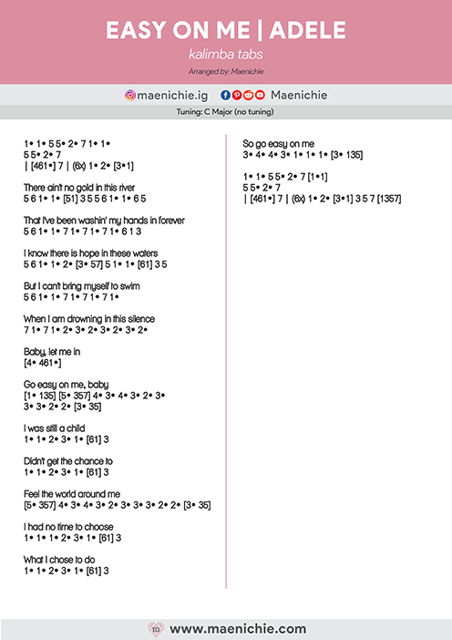 Easy On Me Adele Kalimba Tabs Letter Number Notes Tutorial Kalimbatabs Net